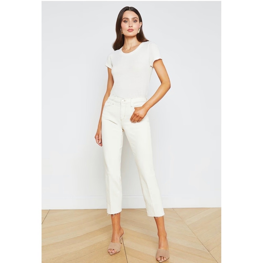 L'AGENCE Sada High Rise Crop Jeans 29 White Macadamia Raw Hem Slim Flare Denim